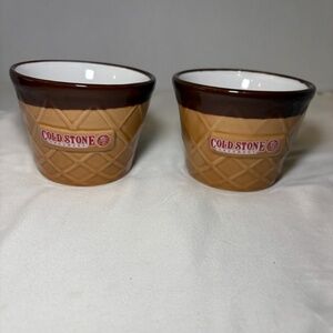 2014 Lot of 2 Ceramic Cold Stone Creamery Waffle Cone Ice Cream Cup Dish Bowl